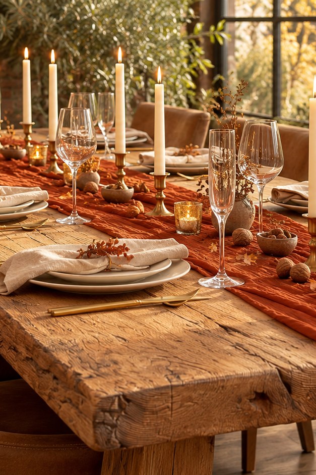 Pin: warme herfsttafel met terracotta, hout en goud