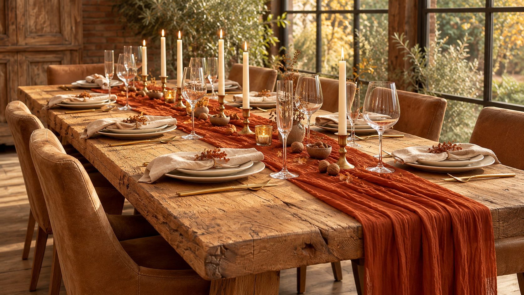 Warme herfsttafel met terracotta loper, kaarsen en gouden accenten